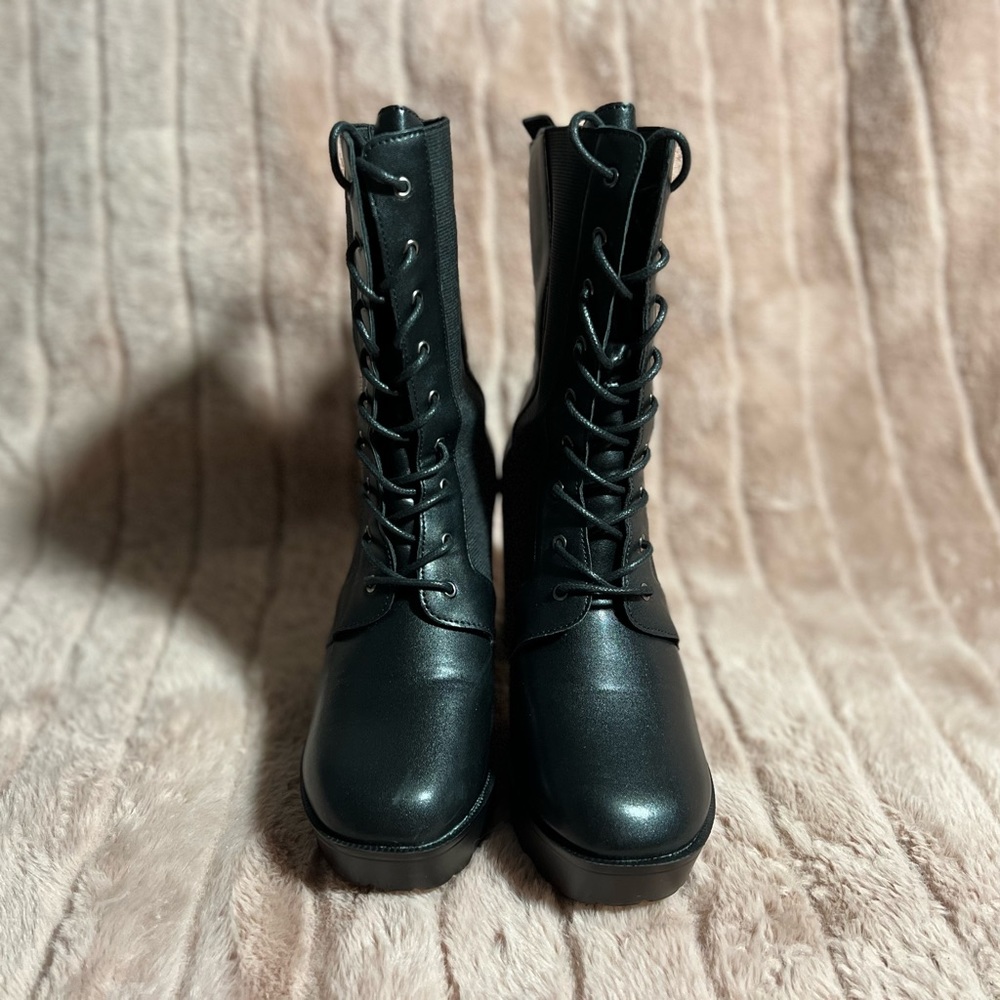 SHEIN Cuccoo trending chunky heeled lace-up front black combat boots
